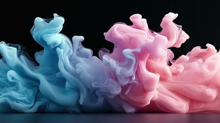 Abstract swirling clouds of blue and pink smoke or ink in liquid, against a dark background. The forms are fluid and dynamic, creating an ethereal and artistic