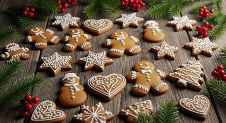 Holiday gingerbread cookies, iced, on a rustic wood table.