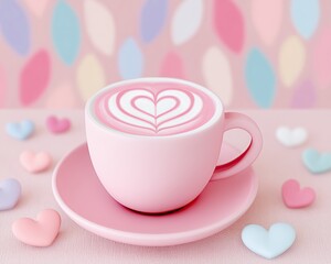 valentine romantic concept - Romantic Pink Coffee Cup with Heart Latte Art and Pastel Background romantic couple illustration
