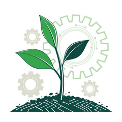 Green plant growing from soil with circuit board pattern and gears Keywords: plant, sprout, seedling, green, leaves, soil, earth, growth