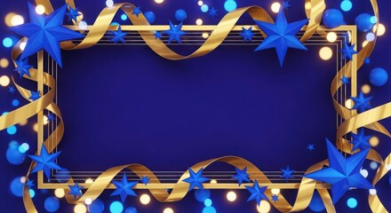 Elegant blue and gold festive frame with stars and ribbons.