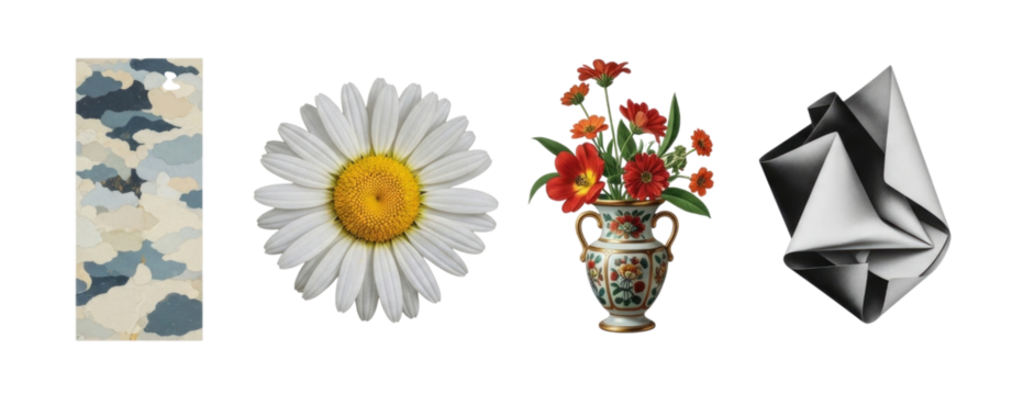 Still life with daisy flowers in vase and folded paper transparent background cutout png