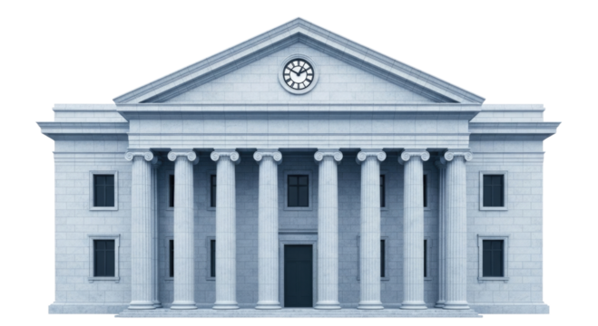 Classical bank building with columns transparent background cutout png