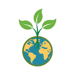 Green Sprout Growing from Planet Earth Globe Illustration Keywords: planet earth, globe, world, sprout, plant, growth, green, leaves, roots, soil