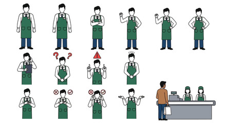 Retail employees showing various emotions, work life balance concept