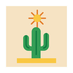 Green Saguaro Cactus with Sunburst Above in Flat Desert Style Keywords: arid, cactus, cartoon, desert, desert landscape, dry, flat design, graphic