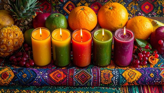 Vibrant array of natural fresh fruits and glowing colorful candles on a rich, intricately patterned traditional textile, creating a festive and warm ambiance for celebration or mindful relaxation