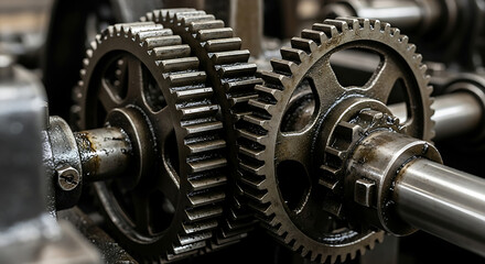 Close up of two metal gears connected to each other