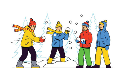 Kids joyfully throw snowballs during a fun winter day activity