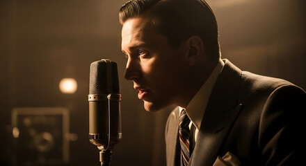 Man singing into a vintage microphone on stage lit