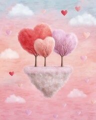 creative lifestyle concept - Floating Heart-Shaped Trees on a Dreamy Pink Landscape modern digital art