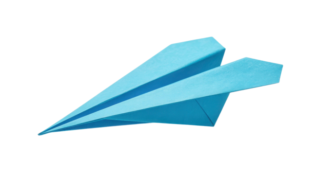 A simple blue paper airplane folded from a sheet of paper, isolated on transparent background
