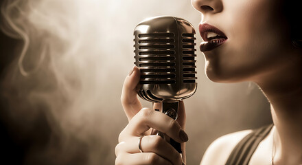 Woman singing into a vintage chrome microphone close