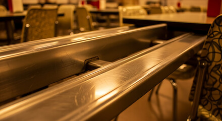 Metal food tray slide in a cafeteria setting view