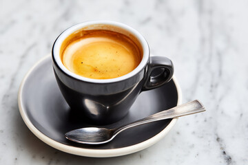 Perfect espresso shot in elegant black cup, ready to energize your day with a rich, aromatic caffeine boost, ideal for coffee lovers and cafe lifestyle