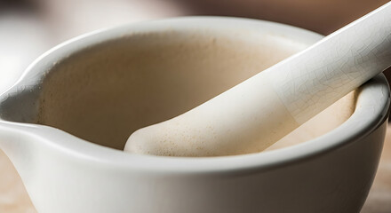 Close up of a white mortar and pestle kitchen tool
