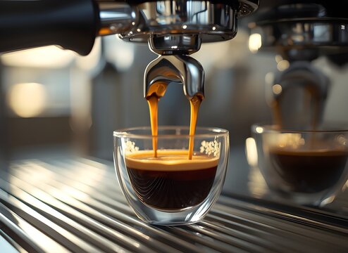 Ultra-High-Resolution Close-Up of a Professional Espresso Pull, Showcasing Rich Crema and Golden Streams in a Barista Setting.