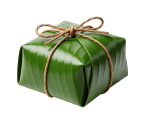 Green leaf wrapped gift box with twine tie transparent background cutout png
