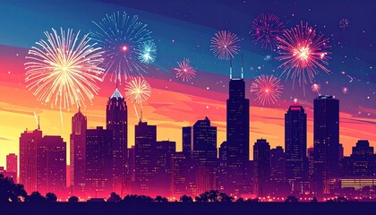 Spectacular fireworks display lighting up the colorful twilight sky above a metropolitan cityscape silhouette