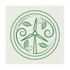 Green Wind Turbine Emblem with Leaves and Swirls on Cream Background Keywords: agriculture, alternative energy, clean energy, conservation