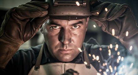 Welder puts on his helmet ready for the job ahead