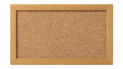 Empty rectangular cork board with a light wooden frame isolated on transparent background