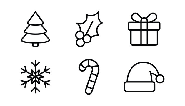 christmas line icon set with tree gift snowflake candy cane and santa hat on white background