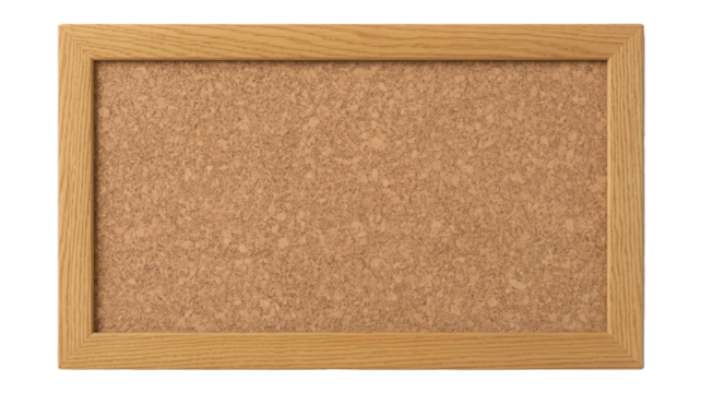 Empty rectangular cork board with a light wooden frame isolated on transparent background