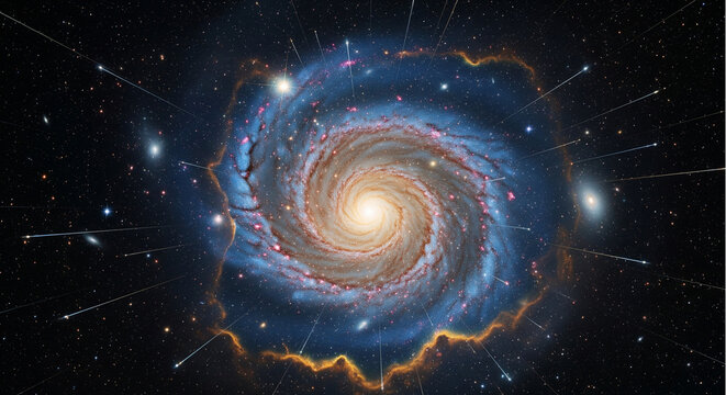 Stunning spiral galaxy with radiating shooting stars. Deep space universe background featuring a glowing nebula and cosmic dust. Perfect for sci-fi and astronomy projects.