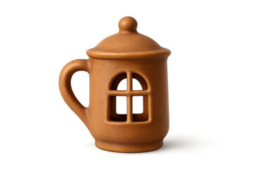 A rustic brown ceramic mug shaped like a miniature house with a handle, a lid, and an arched window cutout, serving as a charming and cozy decorative candle holder