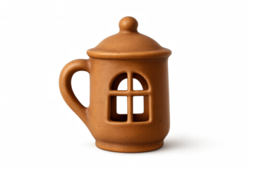 A rustic brown ceramic mug shaped like a miniature house with a handle, a lid, and an arched window cutout, serving as a charming and cozy decorative candle holder