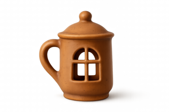 A rustic brown ceramic mug shaped like a miniature house with a handle, a lid, and an arched window cutout, serving as a charming and cozy decorative candle holder