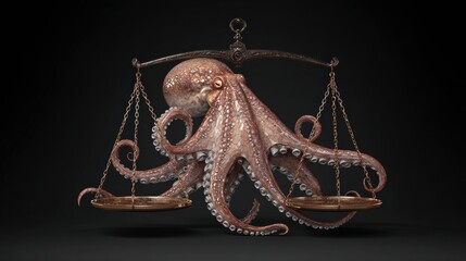 Realistic Octopus Holding Balance Scales in a Dark Corporate Environment Exploring Economic Themes
