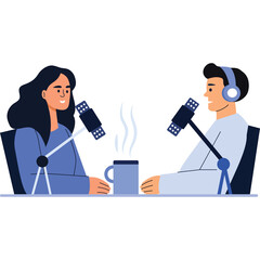 Two People Recording Podcast Together with Microphones and Hot Drink in a Studio Setting