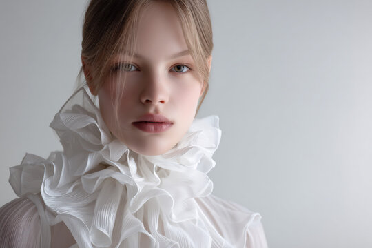 Stunning portrait of a young woman with a delicate, ruffled white collar, perfect for fashion editorials or beauty campaigns, exuding modern elegance