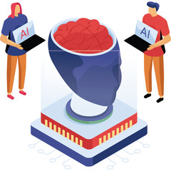 Two People Holding Laptops With AI Logo Stand Near A Giant Transparent Head With Red Brain On A Futuristic Platform