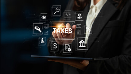 Concept of tax preparation and financial compliance. Filing official tax documents and forms for...