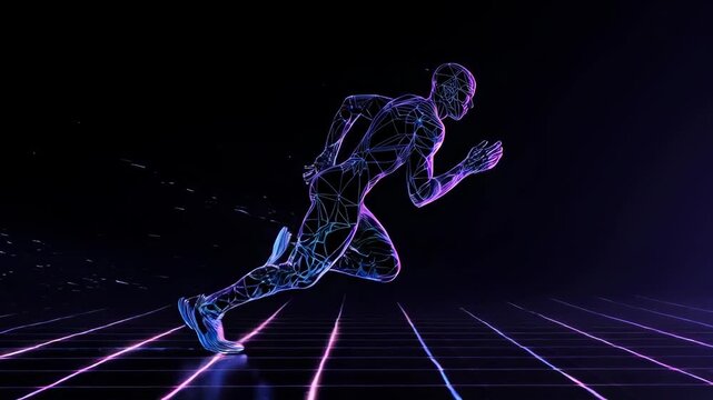 A digital runner sprints through a neon-lit, geometric landscape