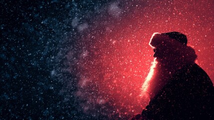 Silhouette of Santa Claus in snowfall against a glowing red background.
