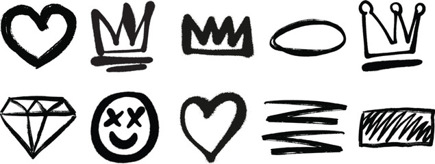 Collection of Black Graffiti Style Icons: Hearts, Crowns, Diamond, Smiley, and More © pixelVista
