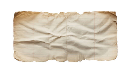 Fototapeta premium A crumpled, aged, and burnt piece of lined paper isolated on transparent background