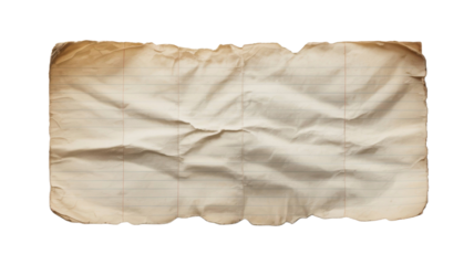 A crumpled, aged, and burnt piece of lined paper isolated on transparent background