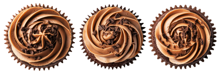 Chocolate cupcake topped with creamy swirled frosting and chocolate shavings, isolated on white background