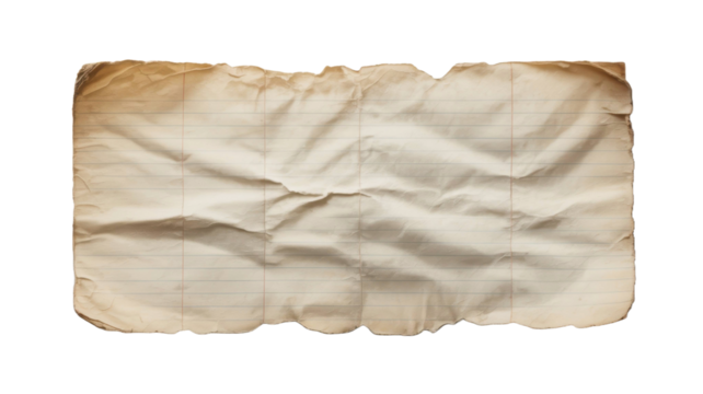A crumpled, aged, and burnt piece of lined paper isolated on transparent background