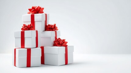 Fototapeta premium Stack of elegant white gift boxes with red ribbons and bows.