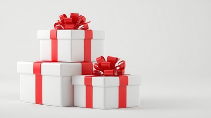 Fototapeta premium Three elegantly wrapped white gift boxes adorned with red ribbons on a plain background.