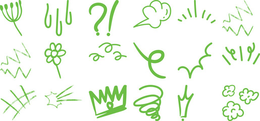 Collection of Green Hand-Drawn Doodle Elements: Flowers, Crowns, Swirls, and More