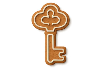 A gingerbread cookie in the shape of an ornate vintage key is decorated with white royal icing, creating a festive and symbolic holiday treat for celebrations