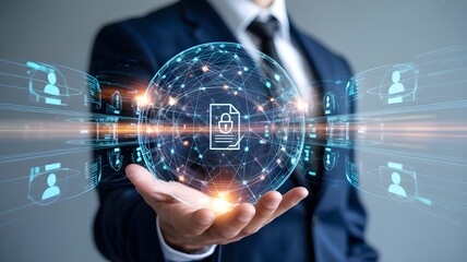 Businessman holding a glowing digital sphere symbolizing global data security, network protection, and digital privacy