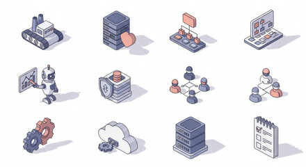 Modern Isometric Concept Icons for Business and Technology Digital Transformation, Data Management, AI, and Automation Solutions.